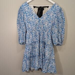 Savida Thea Blue Floral Mini Dress Dunnes Stores Puff Sleeve Black Bow Tie - S